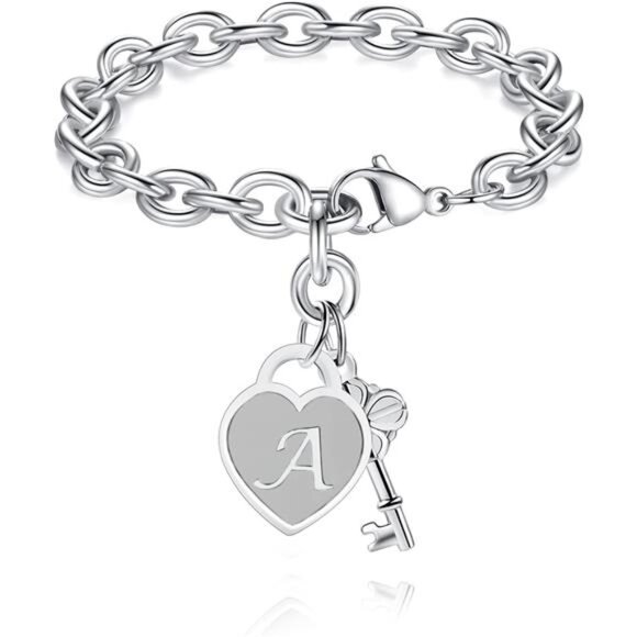 initial charm bracelet for girls women stainless steel adjustable heart jewelry - Picture 1 of 7